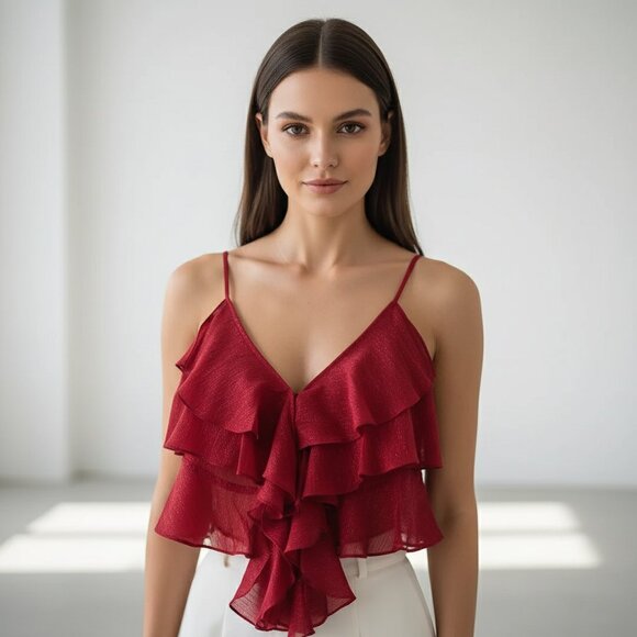 NWT REVOLVE RUMORED Tango tank top tiered chiffon red sparkle M - Picture 1 of 8